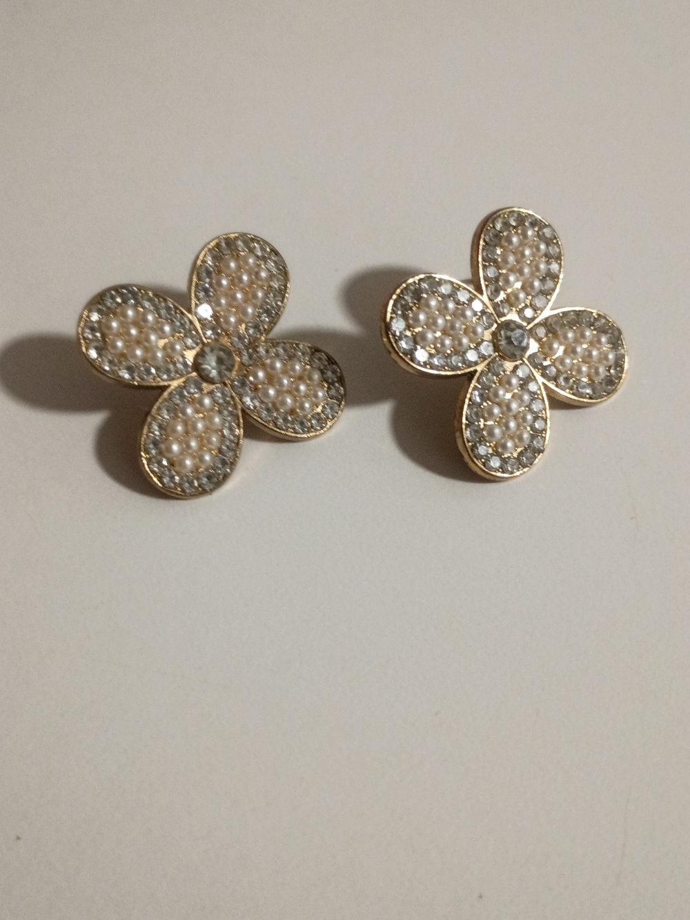 Gold Floral Pearl & Crystal Stud Earrings - White Pearl